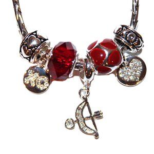 DaVinci Charm Bracelet 8.25" w/ 7 Beads - Valentine's Day Hearts Cupid Red CZ